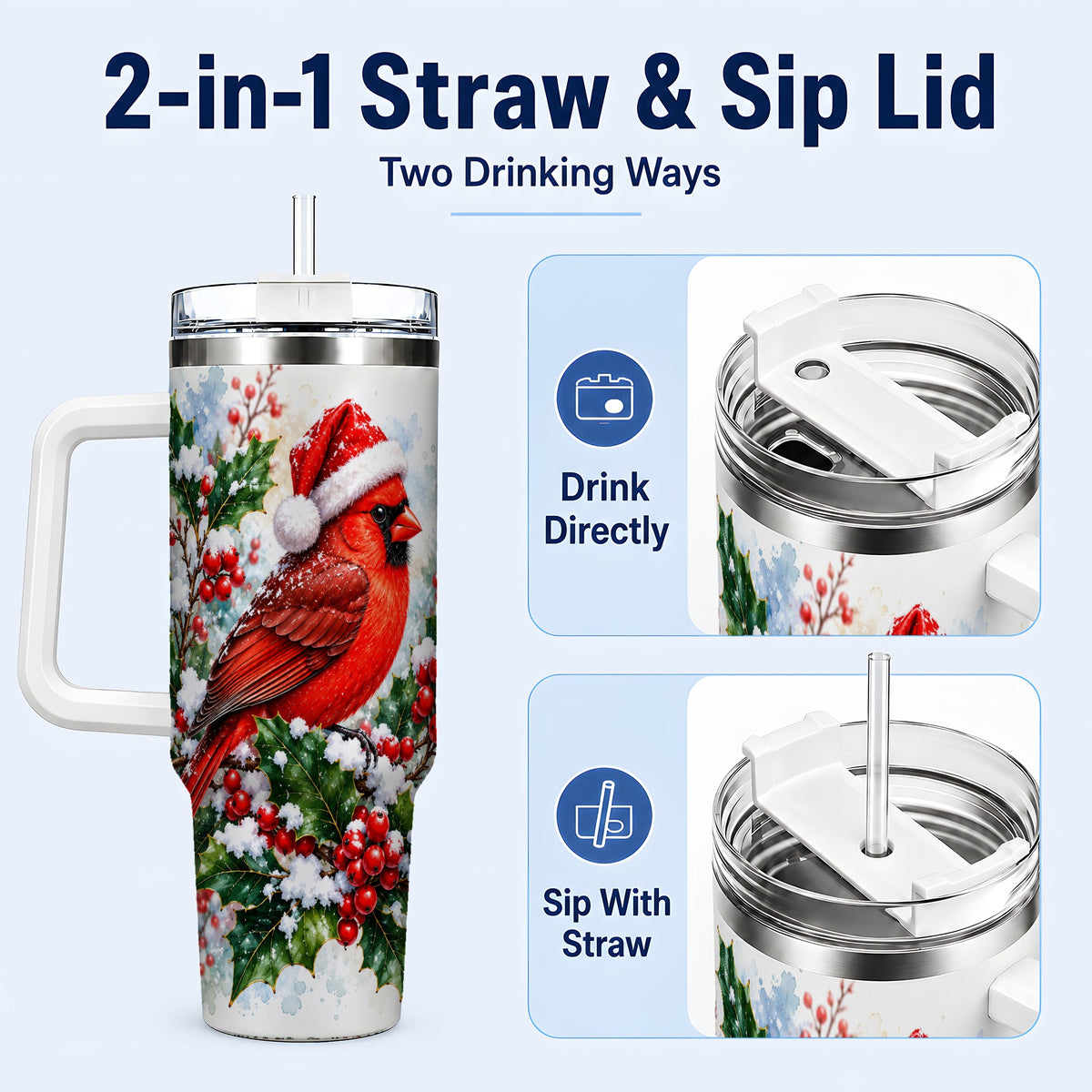 #pl[40oz|White] Christmas Cardinal 40oz Tumbler, Bird Tumbler, Stainless Steel Travel Cup