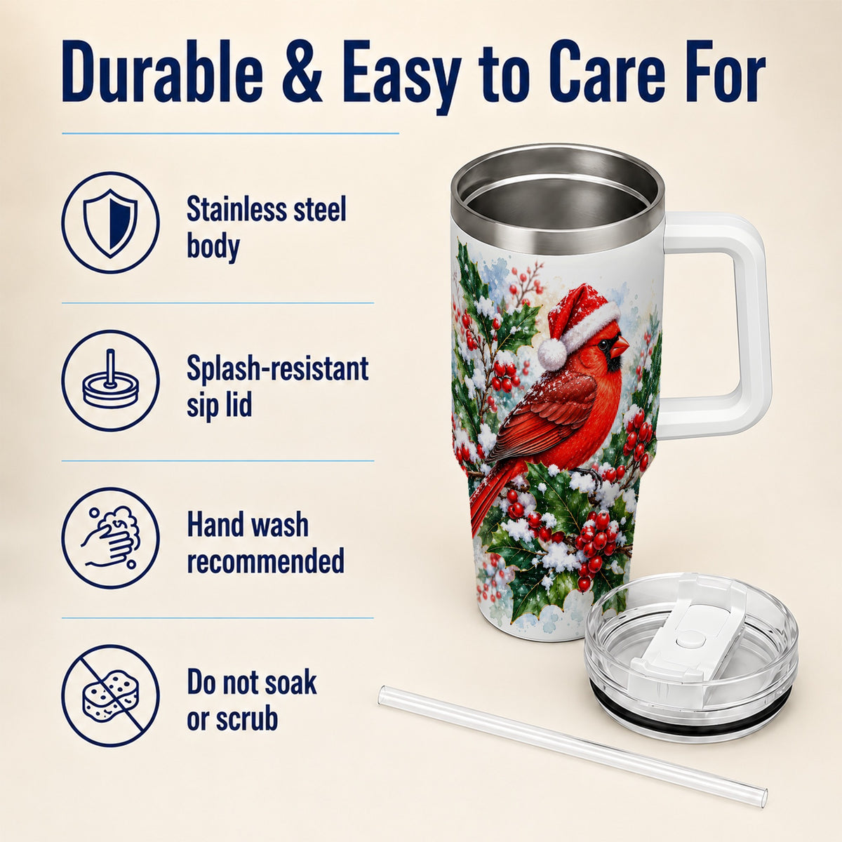 Christmas Cardinal 40oz Tumbler, Bird Tumbler, Stainless Steel Travel Cup