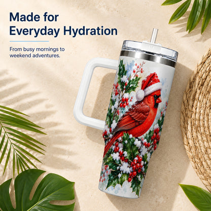 Christmas Cardinal 40oz Tumbler, Bird Tumbler, Stainless Steel Travel Cup