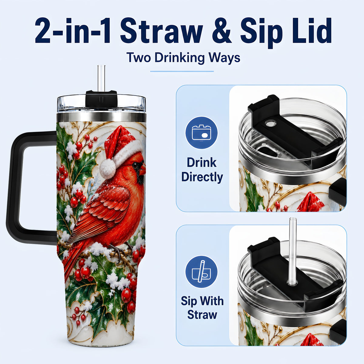 #pl[40oz|Black] Christmas Cardinal 40oz Tumbler, Bird Tumbler, Stainless Steel Travel Cup