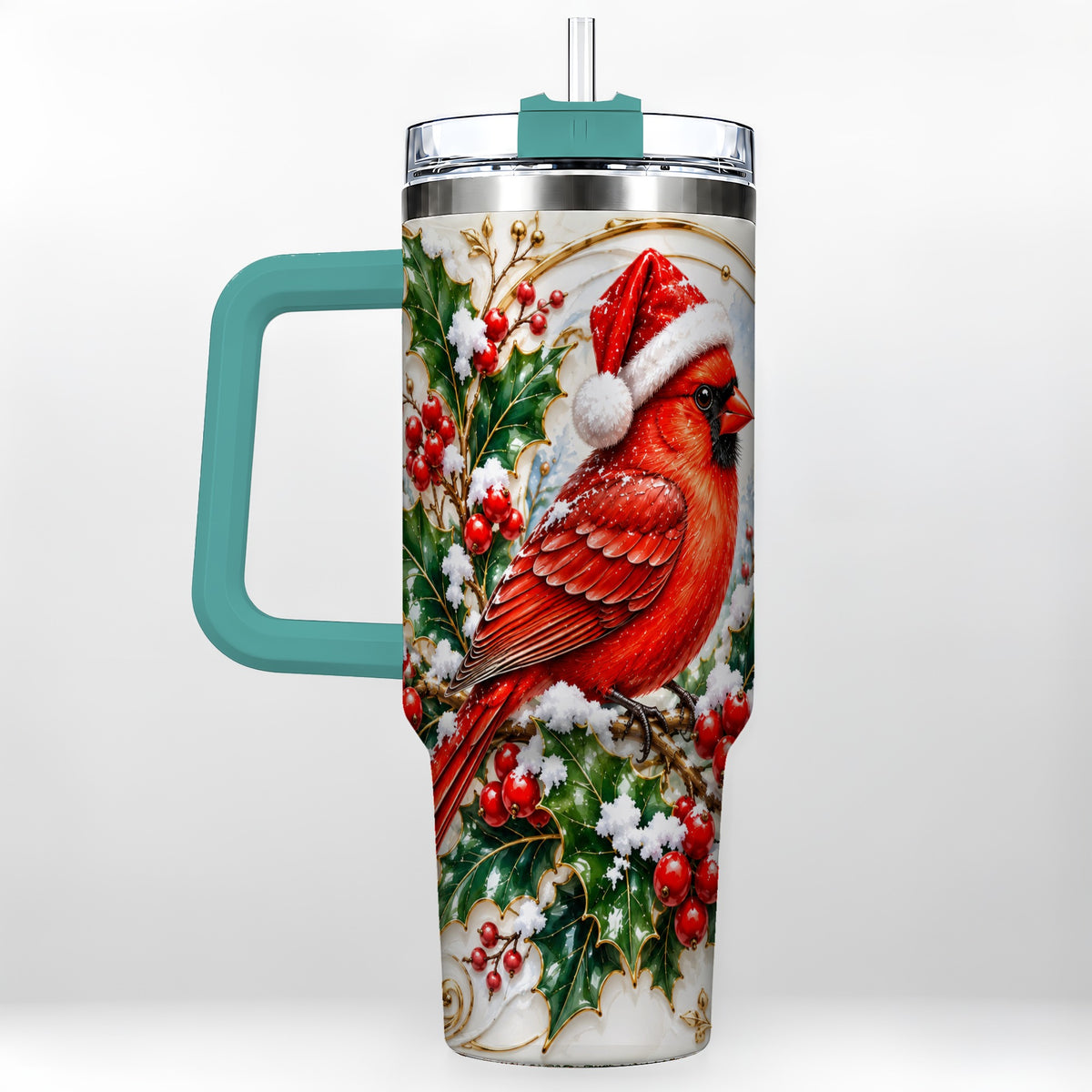 #pl[40oz|Green] Christmas Cardinal 40oz Tumbler, Bird Tumbler, Stainless Steel Travel Cup