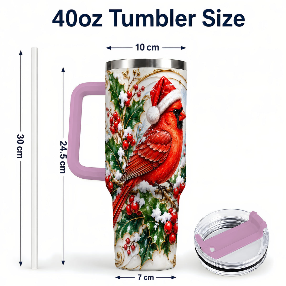 #pl[40oz|Pink] Christmas Cardinal 40oz Tumbler, Bird Tumbler, Stainless Steel Travel Cup