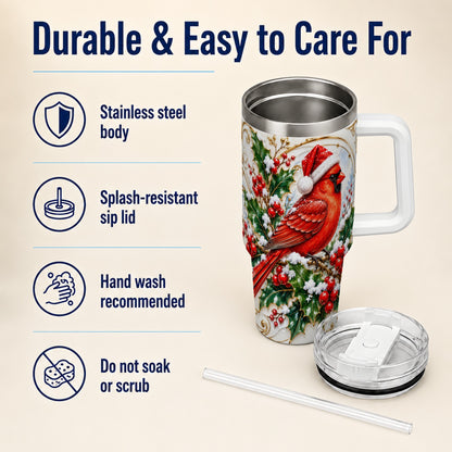 Christmas Cardinal 40oz Tumbler, Bird Tumbler, Stainless Steel Travel Cup