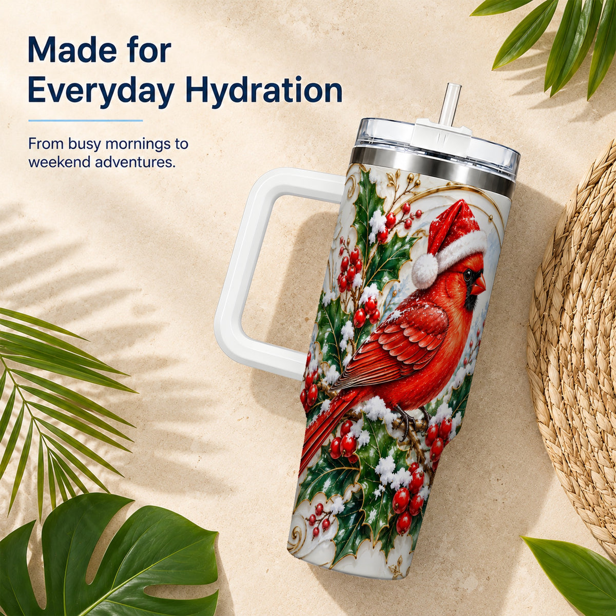 Christmas Cardinal 40oz Tumbler, Bird Tumbler, Stainless Steel Travel Cup