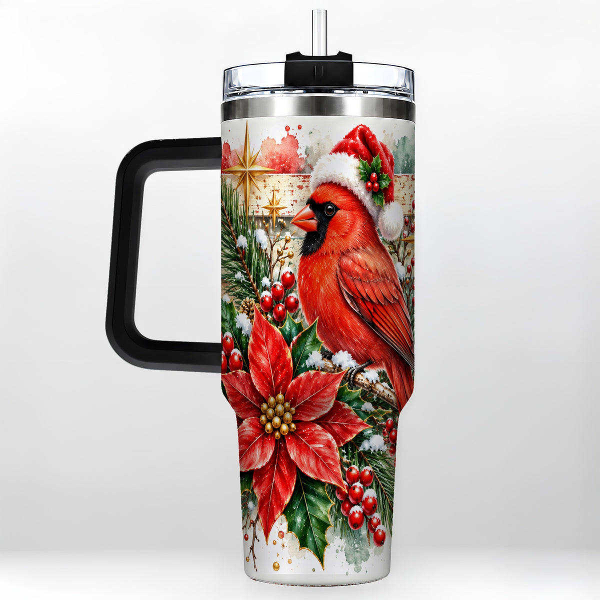 #pl[40oz|Black] Christmas Cardinal 40oz Tumbler with Handle, Poinsettia Travel Cup