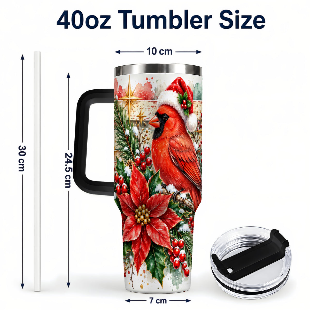 #pl[40oz|Black] Christmas Cardinal 40oz Tumbler with Handle, Poinsettia Travel Cup