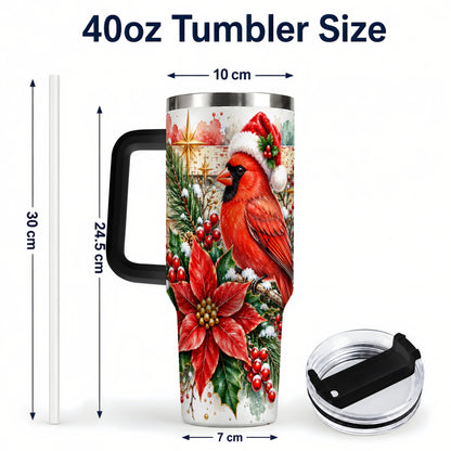 #pl[40oz|Black] Christmas Cardinal 40oz Tumbler with Handle, Poinsettia Travel Cup