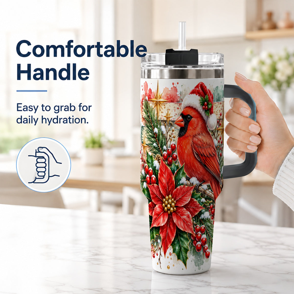 #pl[40oz|Black] Christmas Cardinal 40oz Tumbler with Handle, Poinsettia Travel Cup