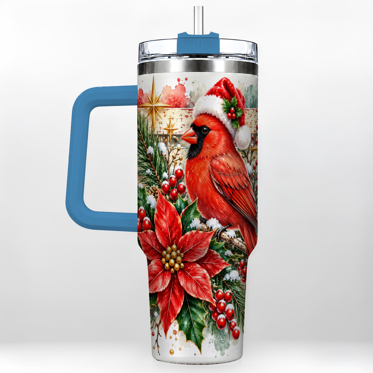 #pl[40oz|Blue] Christmas Cardinal 40oz Tumbler with Handle, Poinsettia Travel Cup