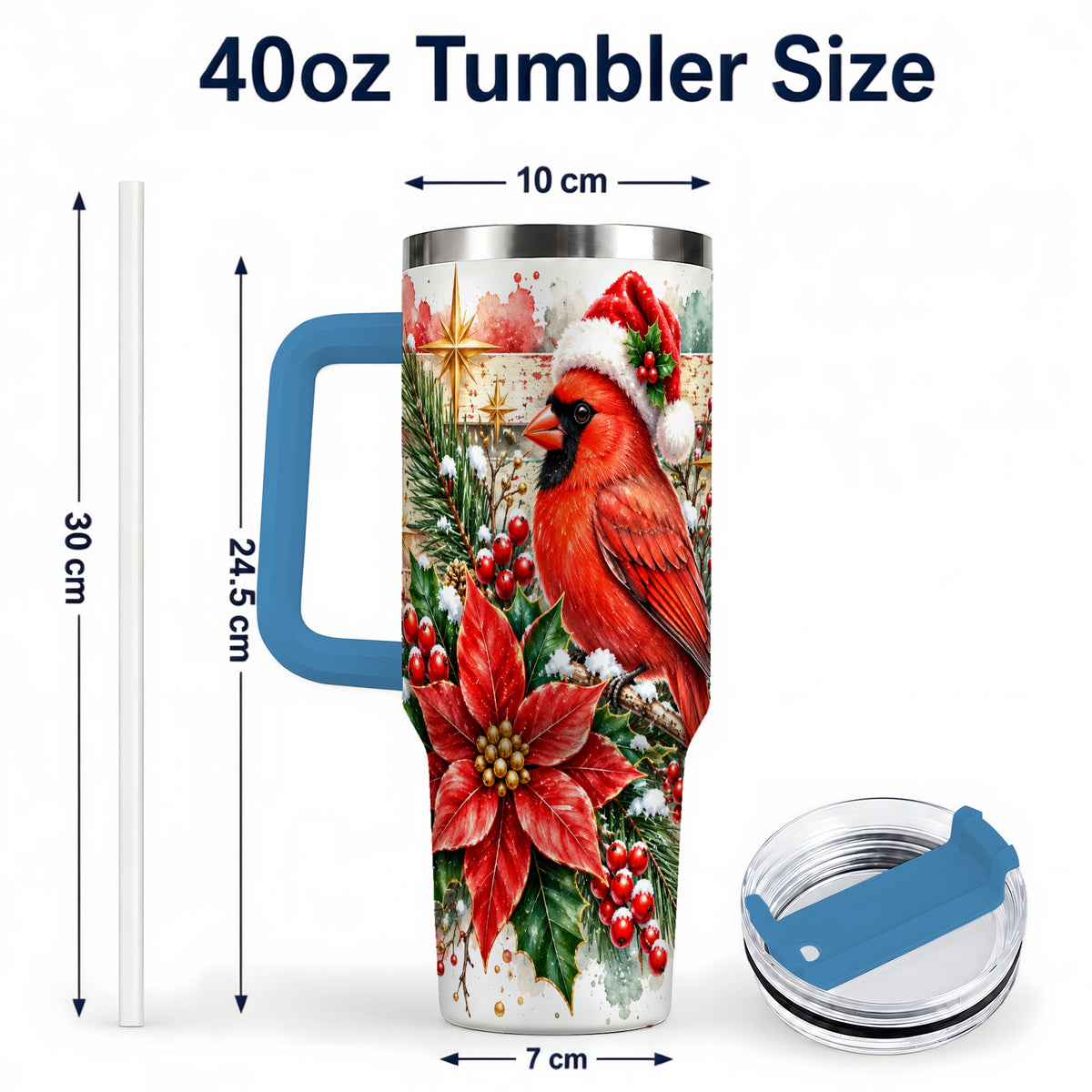 #pl[40oz|Blue] Christmas Cardinal 40oz Tumbler with Handle, Poinsettia Travel Cup