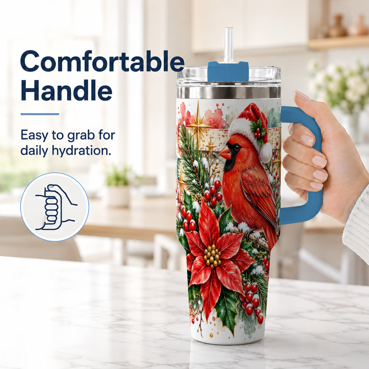 #pl[40oz|Blue] Christmas Cardinal 40oz Tumbler with Handle, Poinsettia Travel Cup