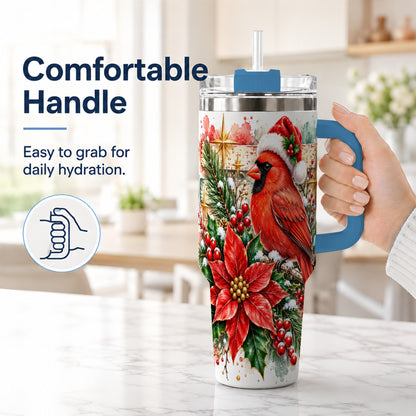 #pl[40oz|Blue] Christmas Cardinal 40oz Tumbler with Handle, Poinsettia Travel Cup