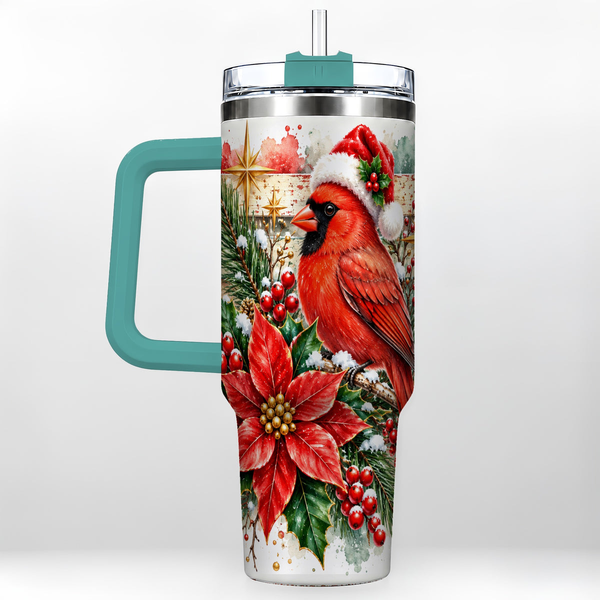 #pl[40oz|Green] Christmas Cardinal 40oz Tumbler with Handle, Poinsettia Travel Cup