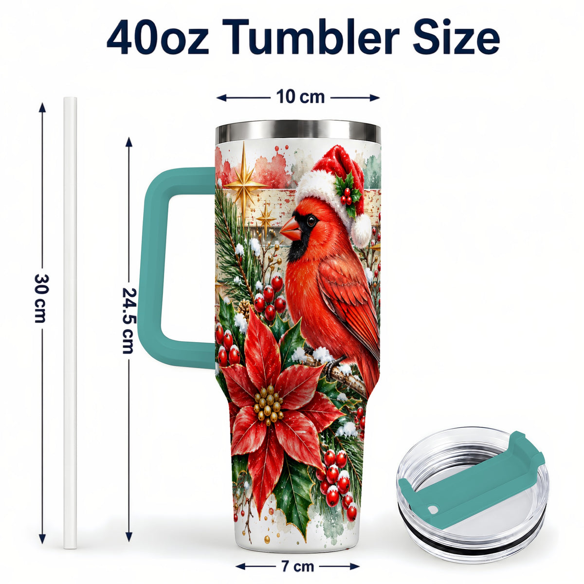 #pl[40oz|Green] Christmas Cardinal 40oz Tumbler with Handle, Poinsettia Travel Cup