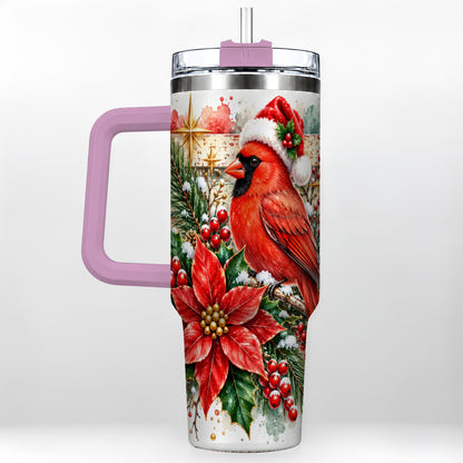 #pl[40oz|Pink] Christmas Cardinal 40oz Tumbler with Handle, Poinsettia Travel Cup