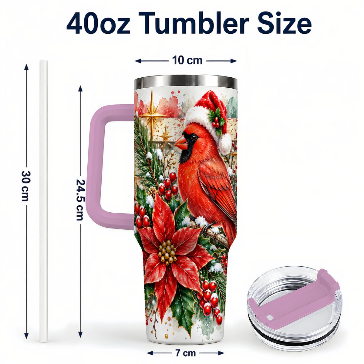 #pl[40oz|Pink] Christmas Cardinal 40oz Tumbler with Handle, Poinsettia Travel Cup