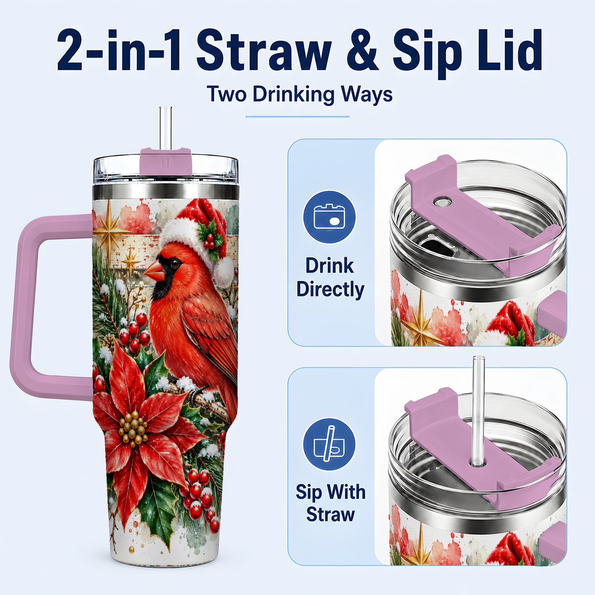 #pl[40oz|Pink] Christmas Cardinal 40oz Tumbler with Handle, Poinsettia Travel Cup