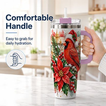 #pl[40oz|Pink] Christmas Cardinal 40oz Tumbler with Handle, Poinsettia Travel Cup