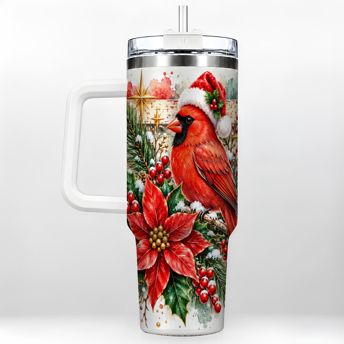 Christmas Cardinal 40oz Tumbler with Handle, Poinsettia Travel Cup