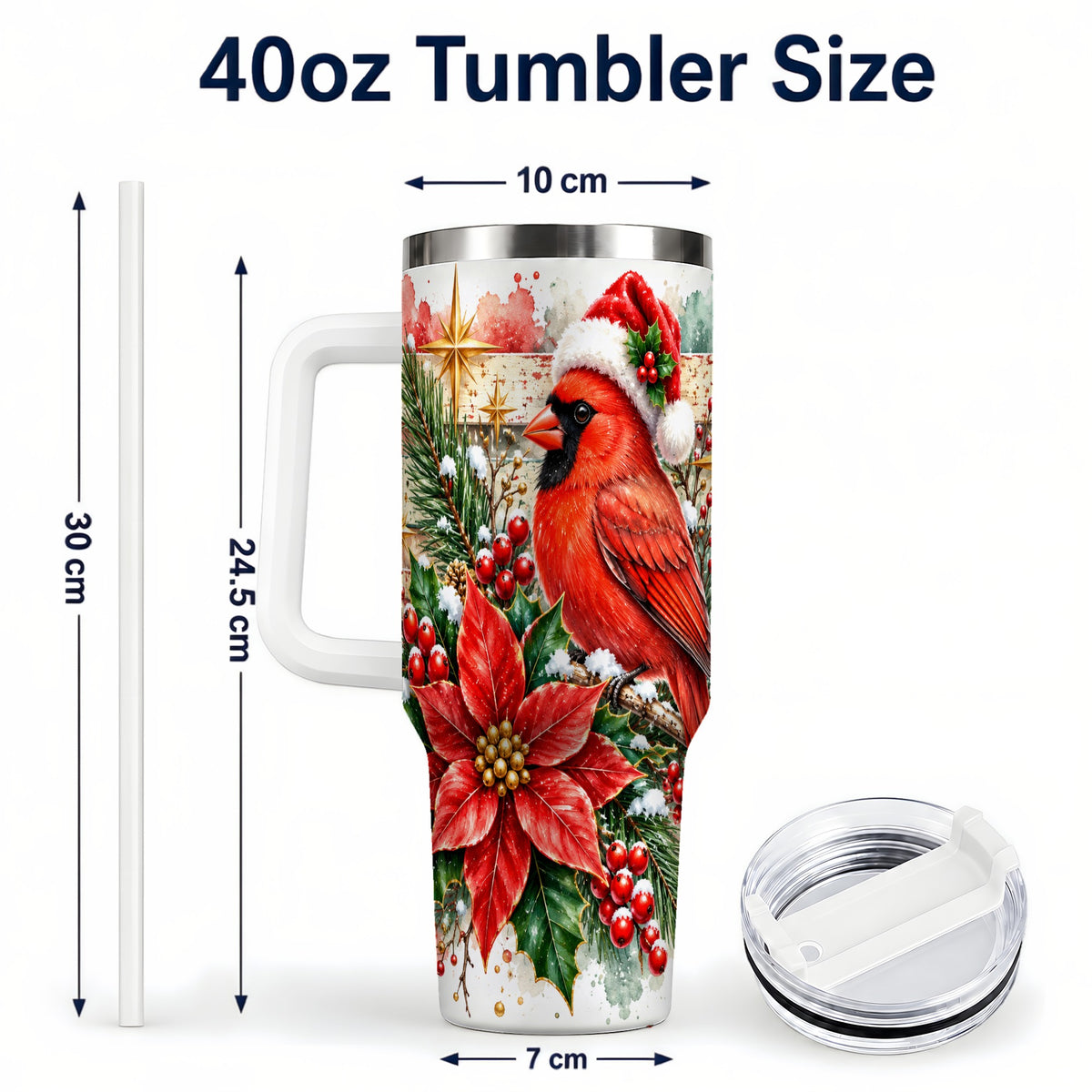 #pl[40oz|White] Christmas Cardinal 40oz Tumbler with Handle, Poinsettia Travel Cup