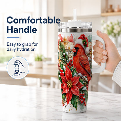 #pl[40oz|White] Christmas Cardinal 40oz Tumbler with Handle, Poinsettia Travel Cup