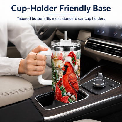 Christmas Cardinal 40oz Tumbler with Handle, Poinsettia Travel Cup