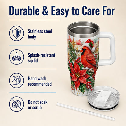 Christmas Cardinal 40oz Tumbler with Handle, Poinsettia Travel Cup