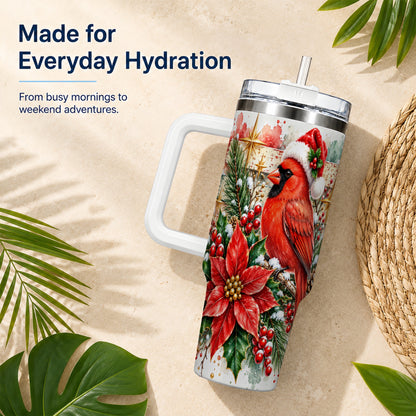 Christmas Cardinal 40oz Tumbler with Handle, Poinsettia Travel Cup