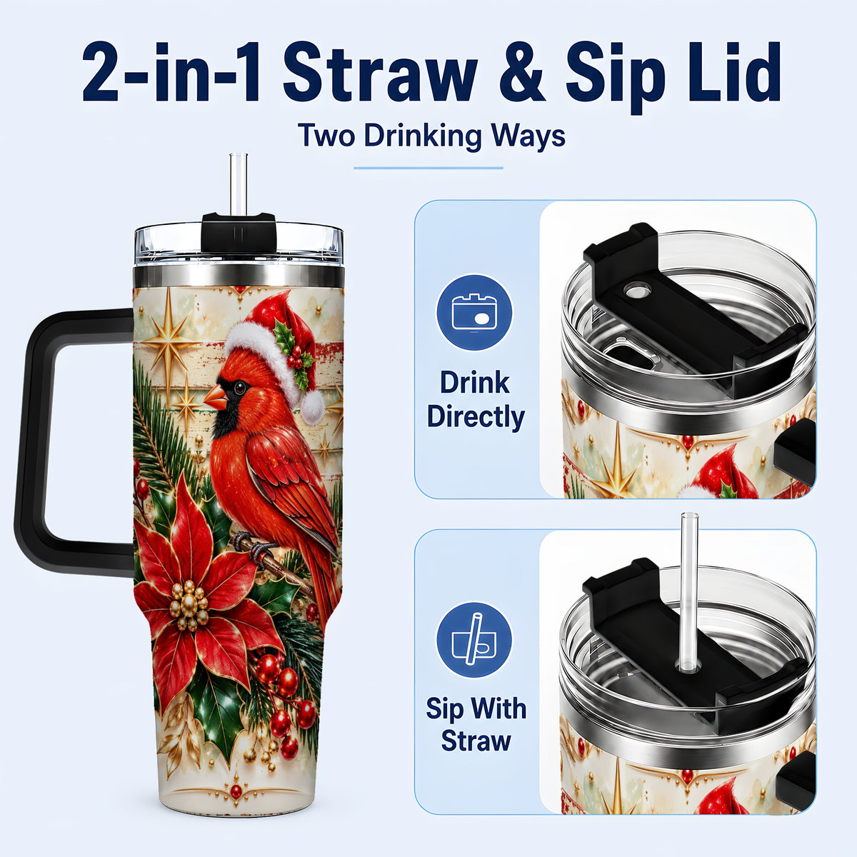#pl[40oz|Black] Cardinal 40oz Tumbler, Winter Bird Stainless Steel Travel Cup