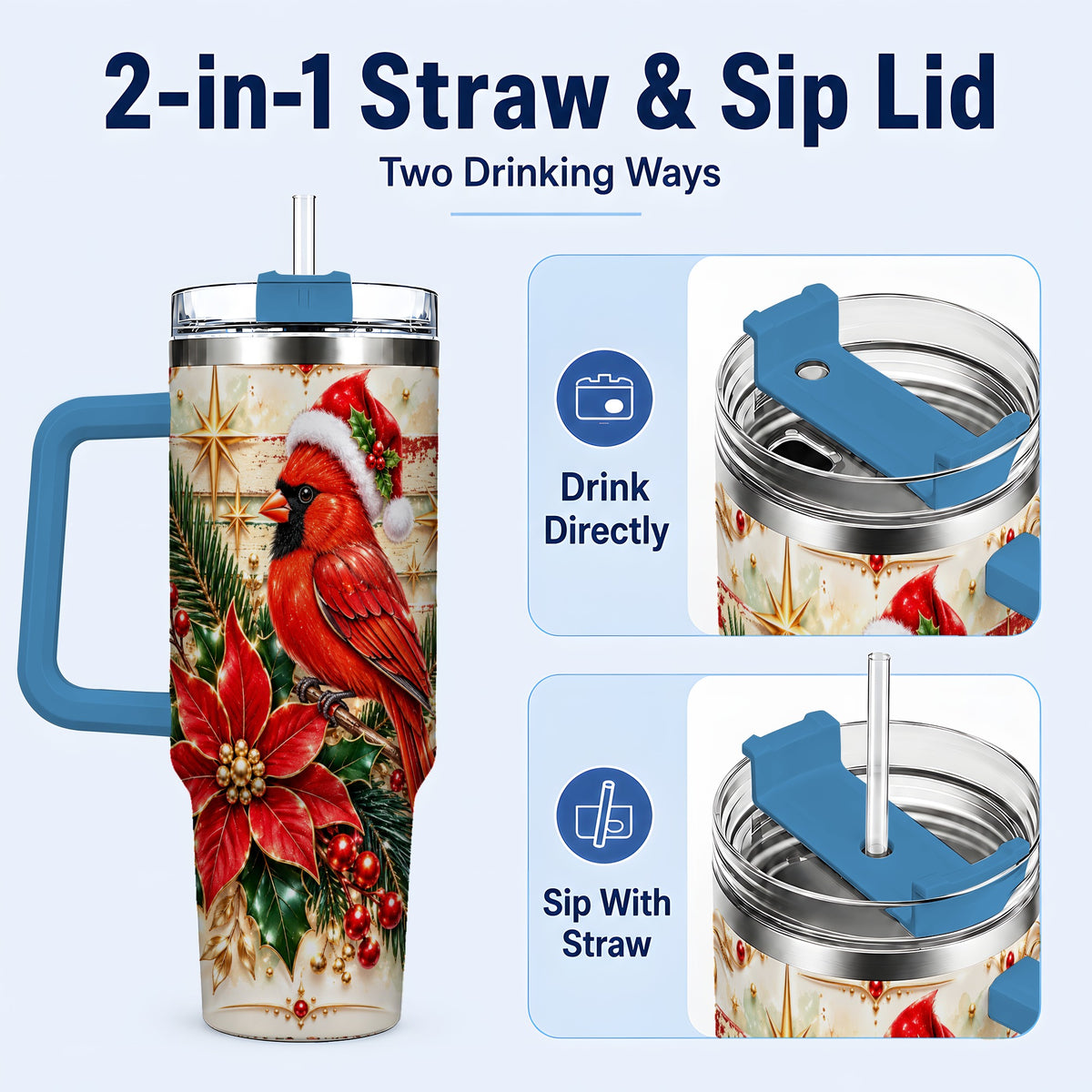 #pl[40oz|Blue] Cardinal 40oz Tumbler, Winter Bird Stainless Steel Travel Cup