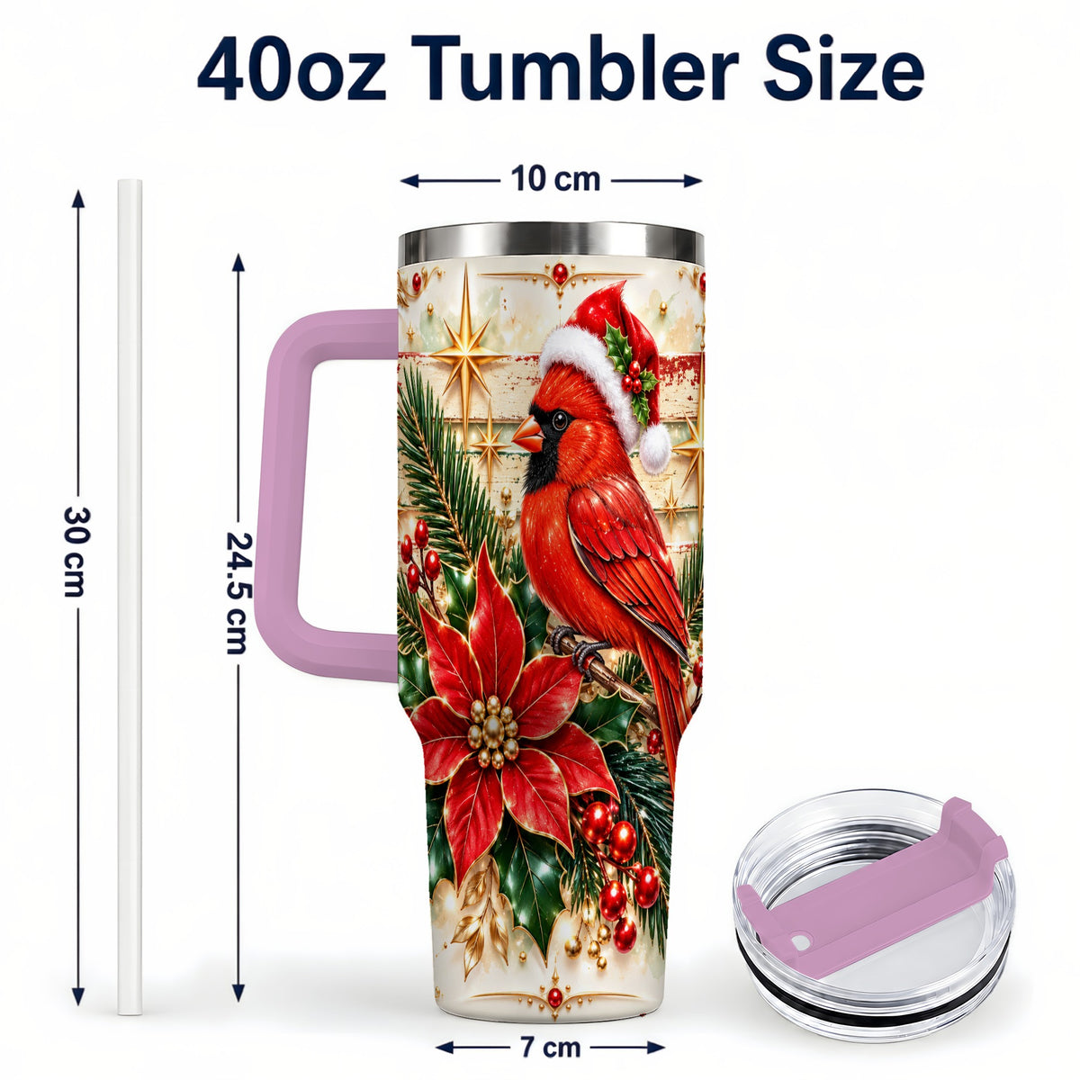 #pl[40oz|Pink] Cardinal 40oz Tumbler, Winter Bird Stainless Steel Travel Cup
