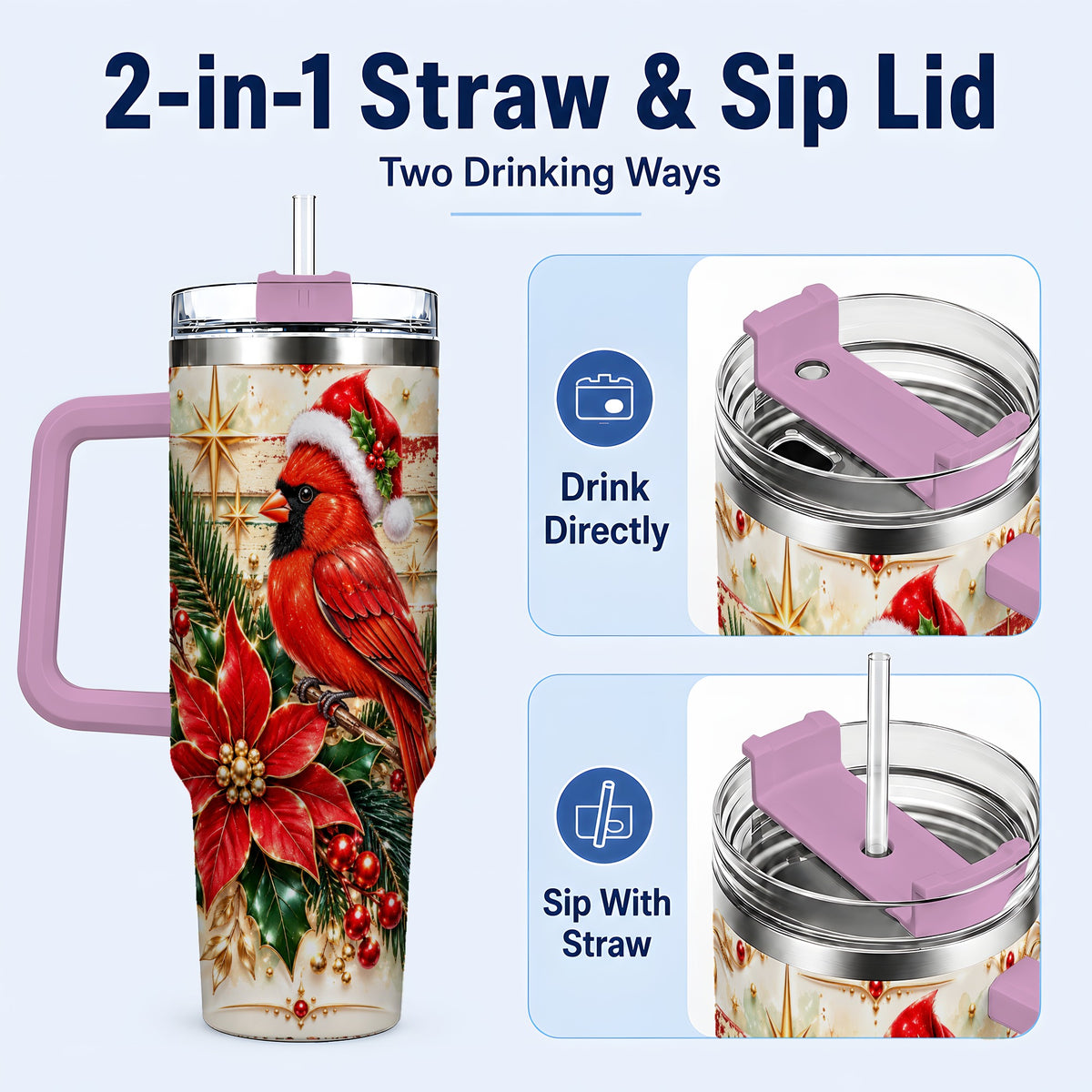 #pl[40oz|Pink] Cardinal 40oz Tumbler, Winter Bird Stainless Steel Travel Cup