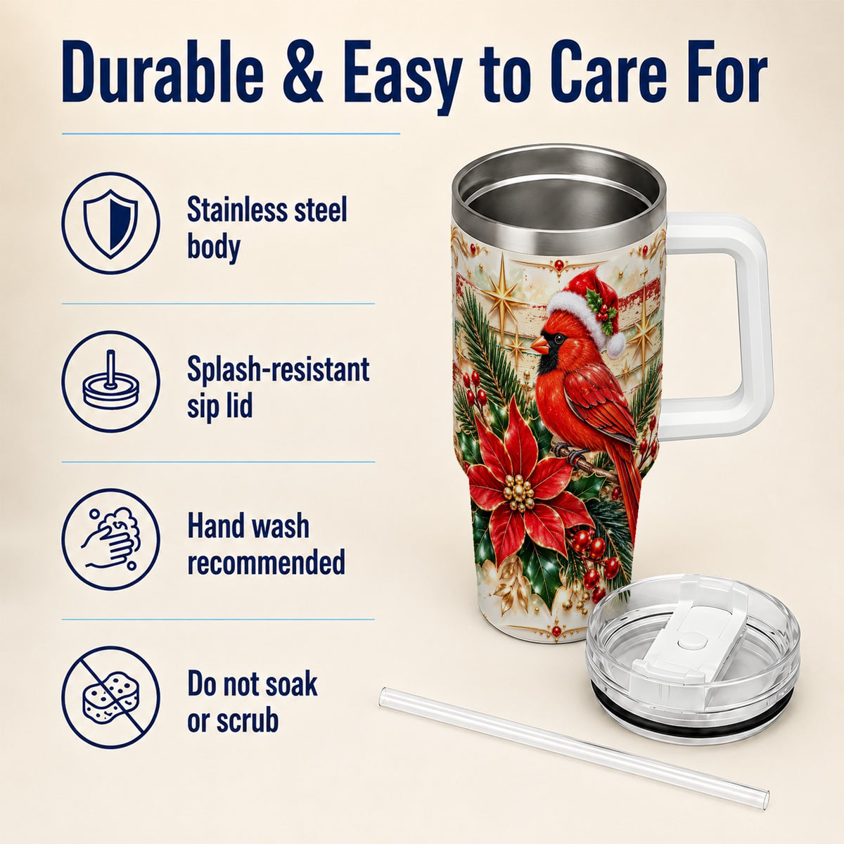 Cardinal 40oz Tumbler, Winter Bird Stainless Steel Travel Cup