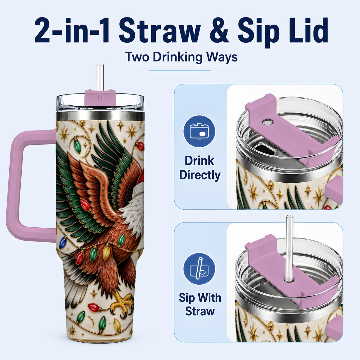 #pl[40oz|Pink] Eagle 40oz Tumbler, Holiday Bird Stainless Steel Travel Cup
