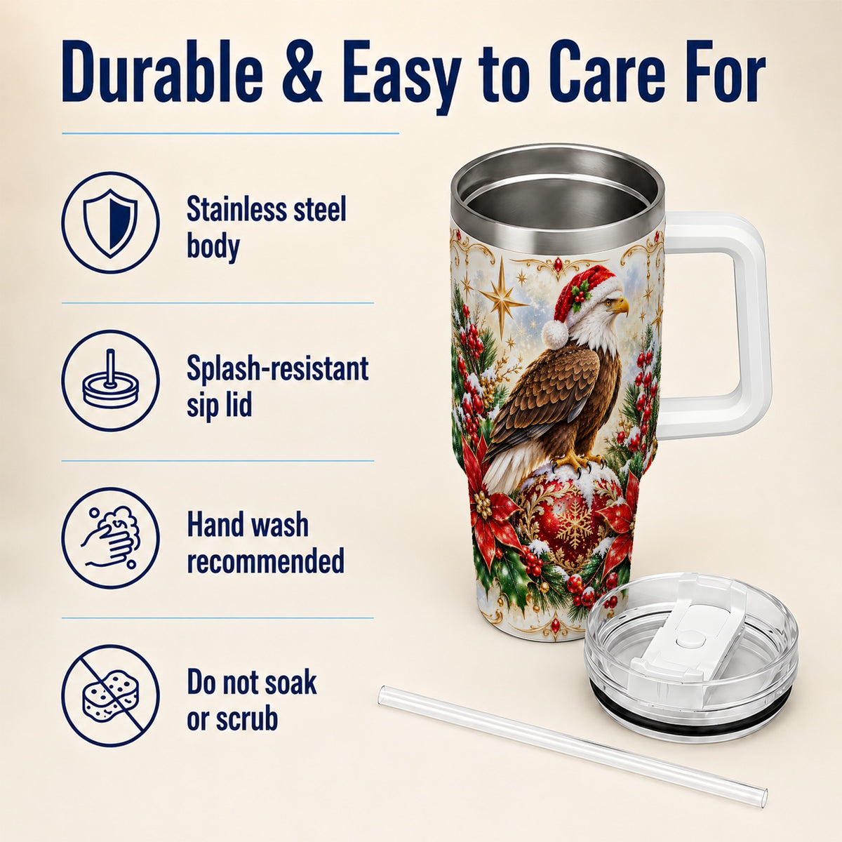 Eagle 40oz Tumbler, Poinsettia Bird Stainless Steel Travel Cup