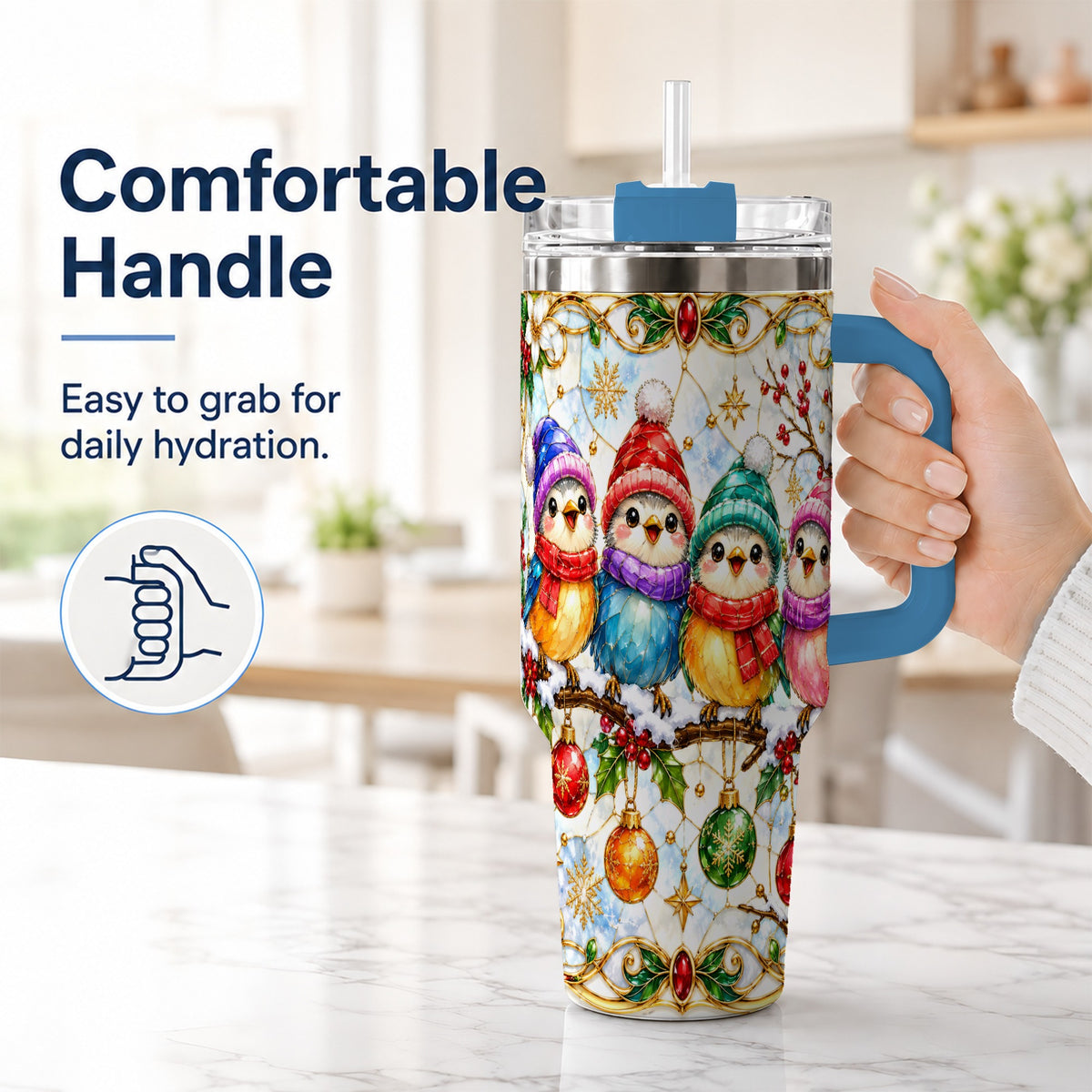 #pl[40oz|Blue] Birds 40oz Tumbler, Winter Songbird Stainless Steel Travel Cup