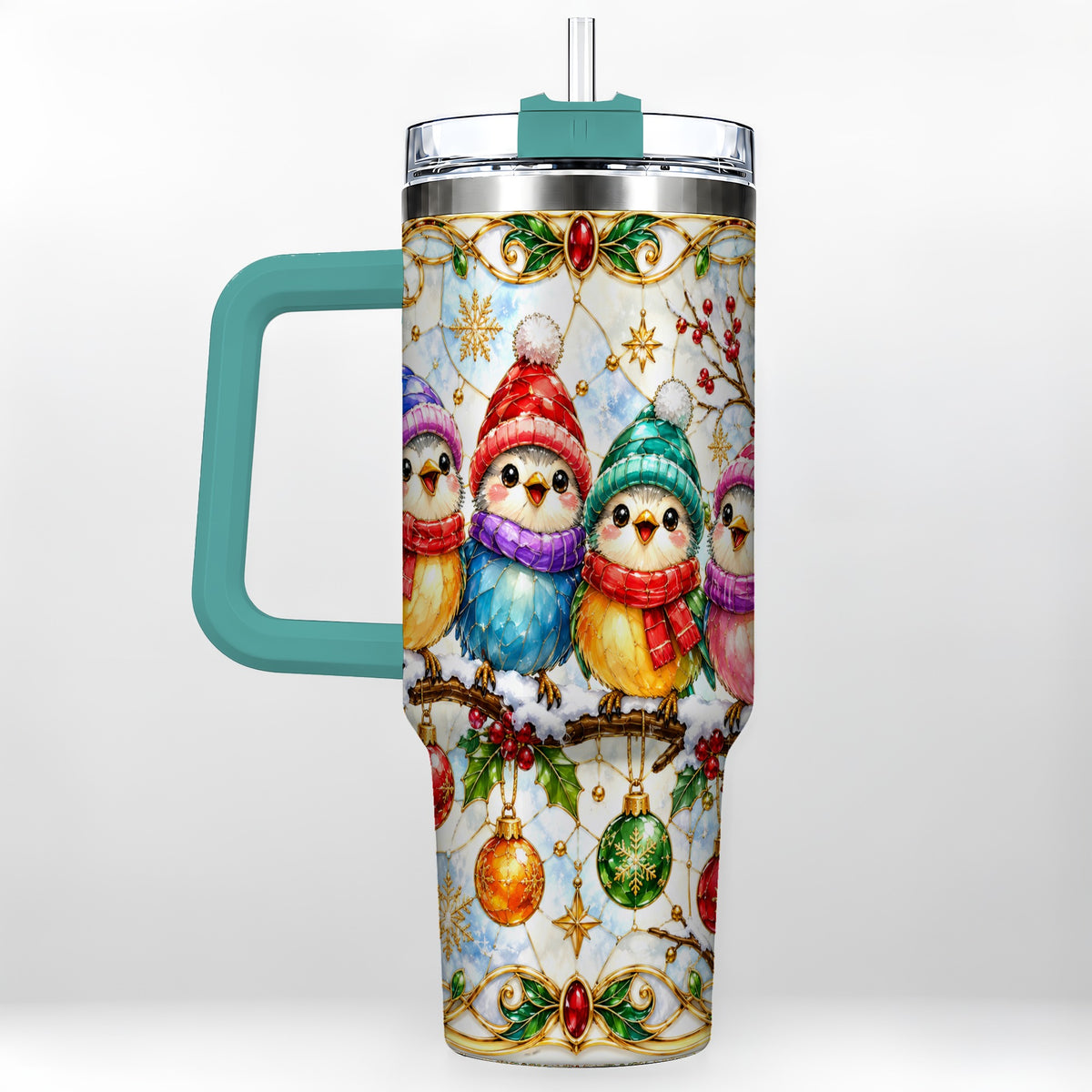 #pl[40oz|Green] Birds 40oz Tumbler, Winter Songbird Stainless Steel Travel Cup