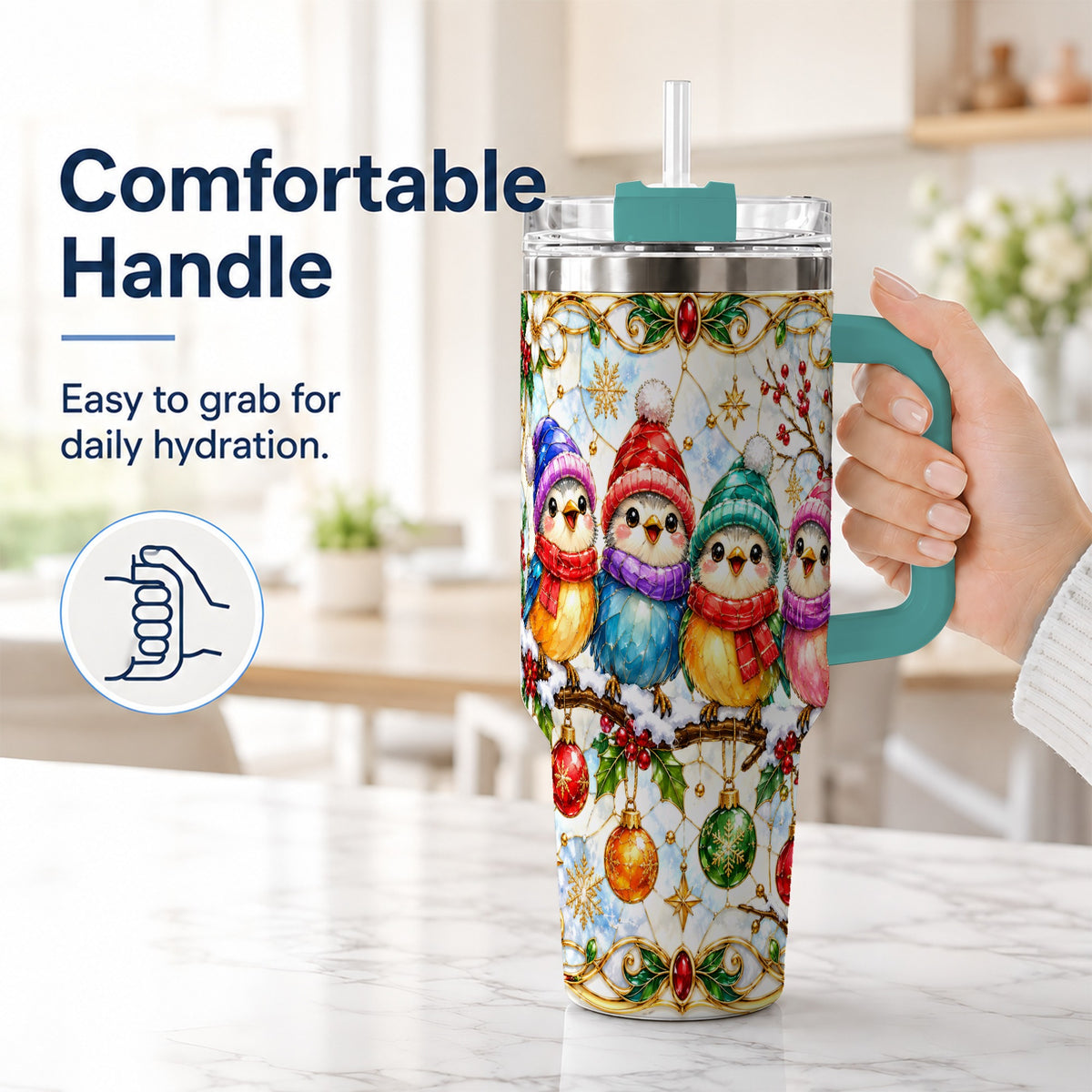 #pl[40oz|Green] Birds 40oz Tumbler, Winter Songbird Stainless Steel Travel Cup