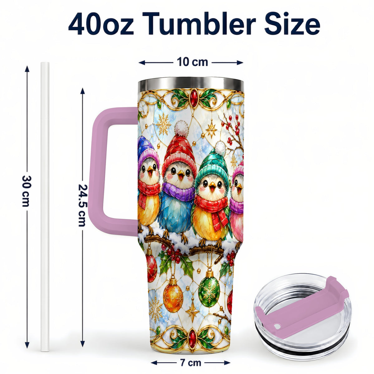 #pl[40oz|Pink] Birds 40oz Tumbler, Winter Songbird Stainless Steel Travel Cup
