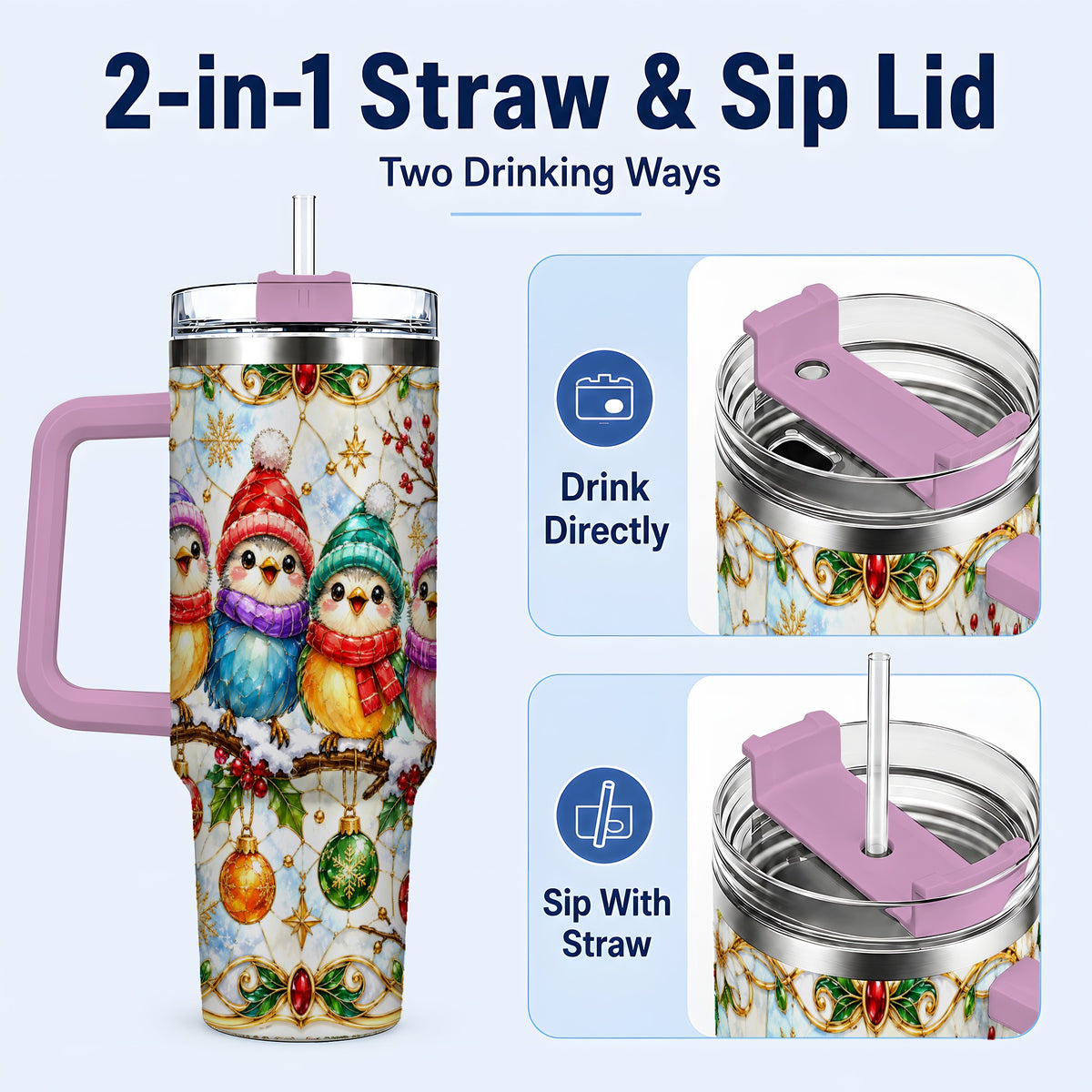 #pl[40oz|Pink] Birds 40oz Tumbler, Winter Songbird Stainless Steel Travel Cup