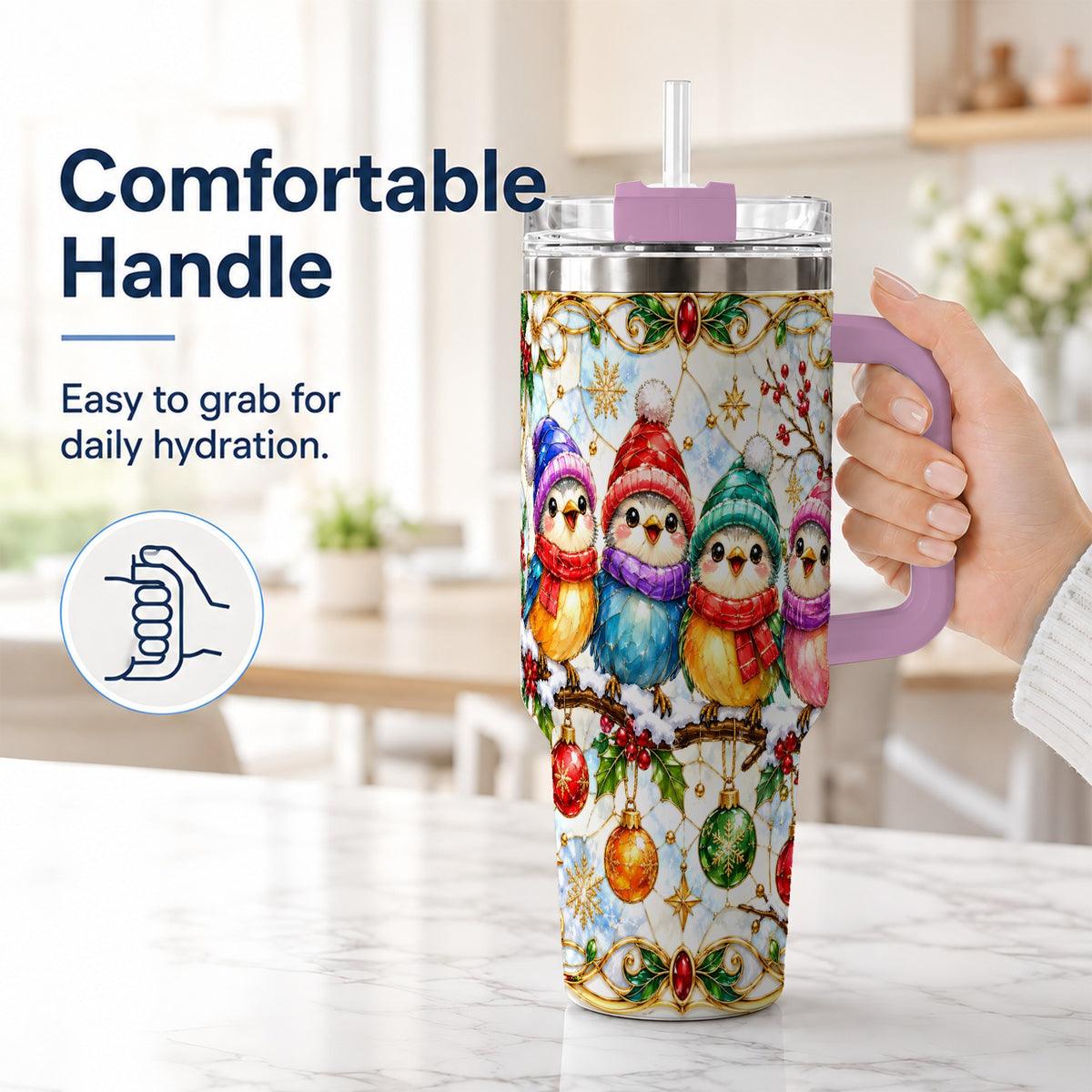 #pl[40oz|Pink] Birds 40oz Tumbler, Winter Songbird Stainless Steel Travel Cup