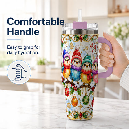 #pl[40oz|Pink] Birds 40oz Tumbler, Winter Songbird Stainless Steel Travel Cup