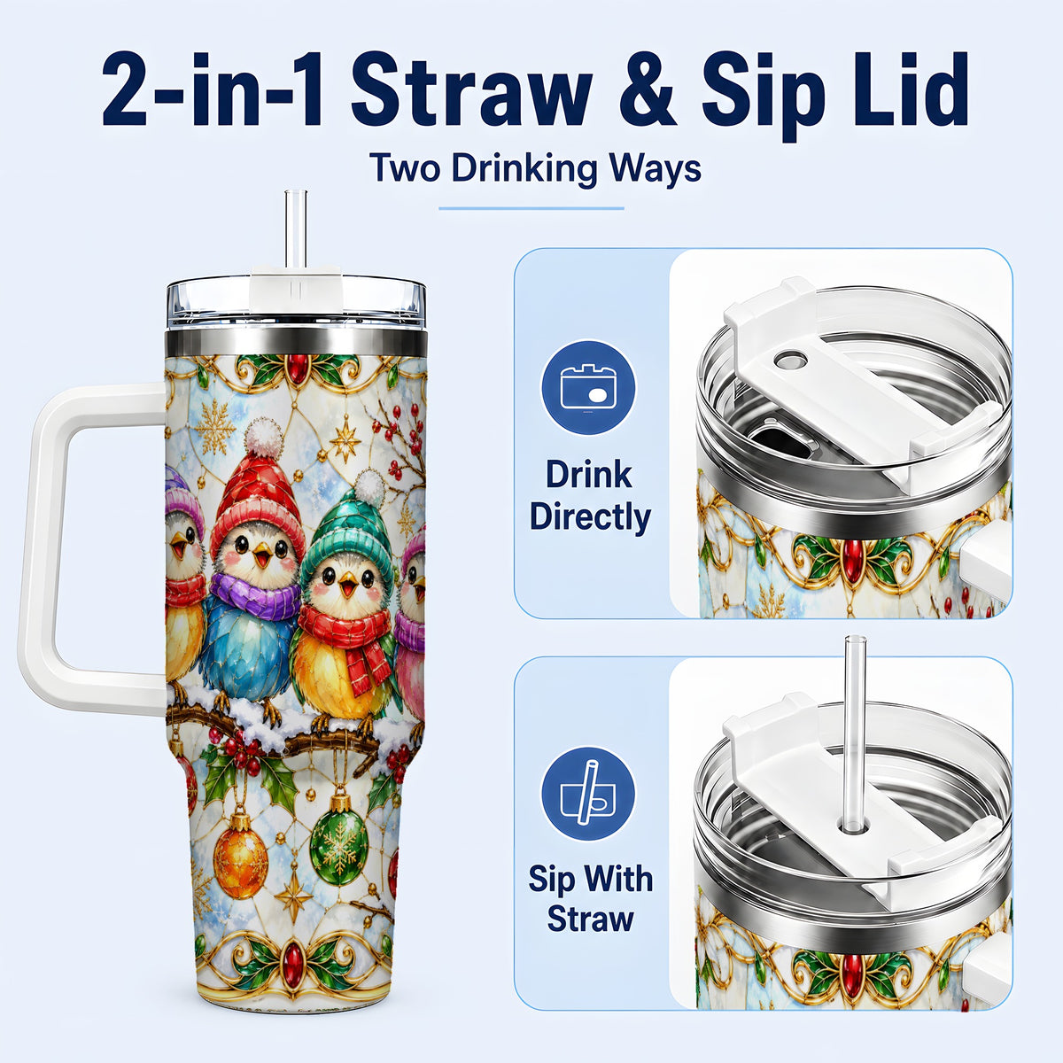 #pl[40oz|White] Birds 40oz Tumbler, Winter Songbird Stainless Steel Travel Cup