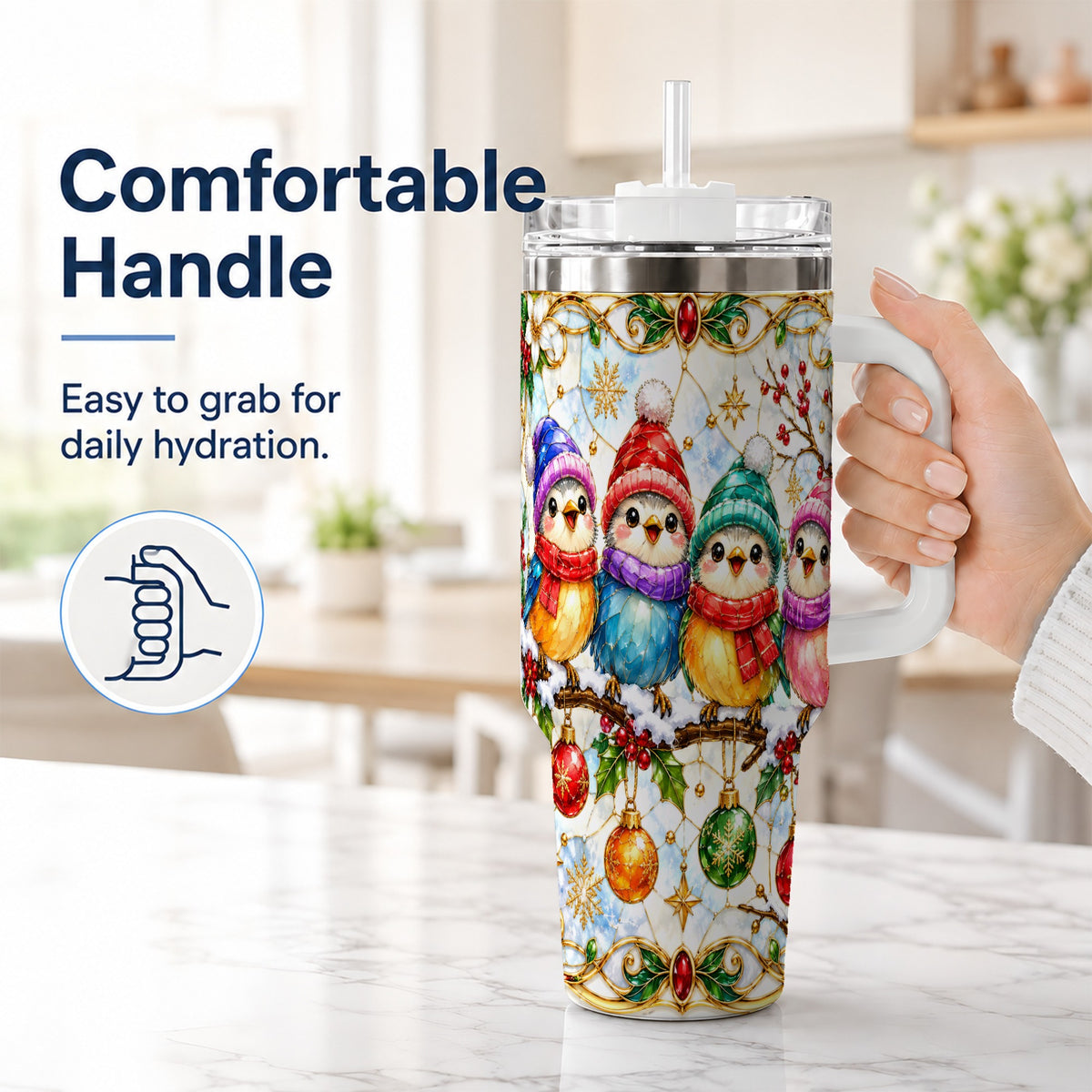 #pl[40oz|White] Birds 40oz Tumbler, Winter Songbird Stainless Steel Travel Cup