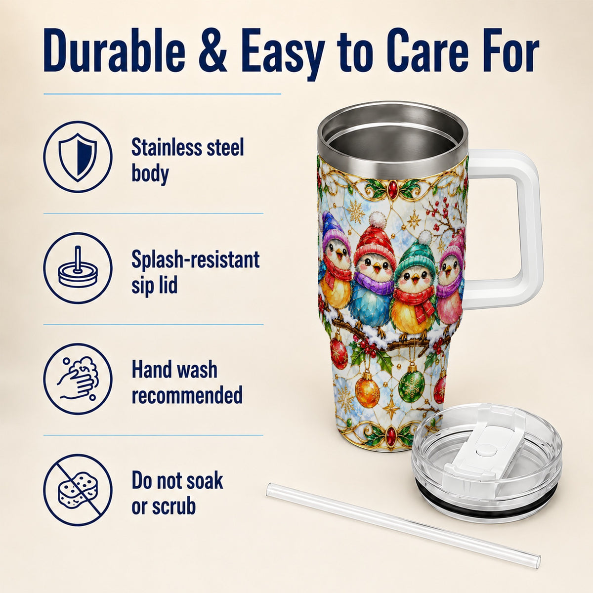 Birds 40oz Tumbler, Winter Songbird Stainless Steel Travel Cup