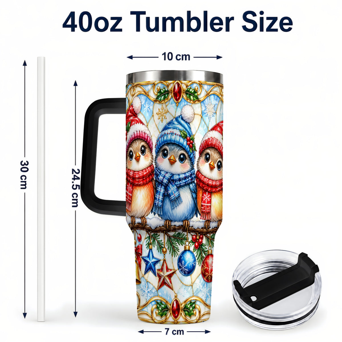 #pl[40oz|Black] Christmas Owl 40oz Tumbler with Handle, Winter Bird Travel Cup