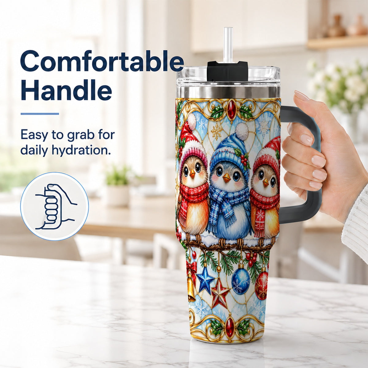 #pl[40oz|Black] Christmas Owl 40oz Tumbler with Handle, Winter Bird Travel Cup