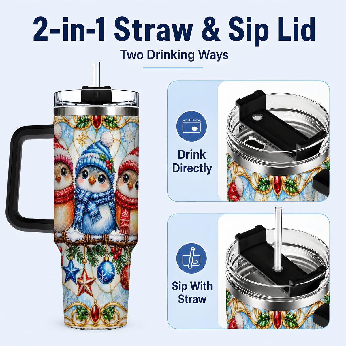 #pl[40oz|Black] Christmas Owl 40oz Tumbler with Handle, Winter Bird Travel Cup