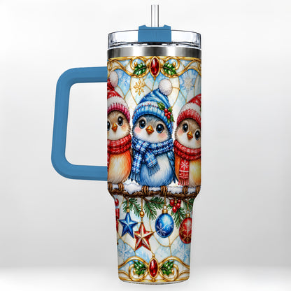 #pl[40oz|Blue] Christmas Owl 40oz Tumbler with Handle, Winter Bird Travel Cup