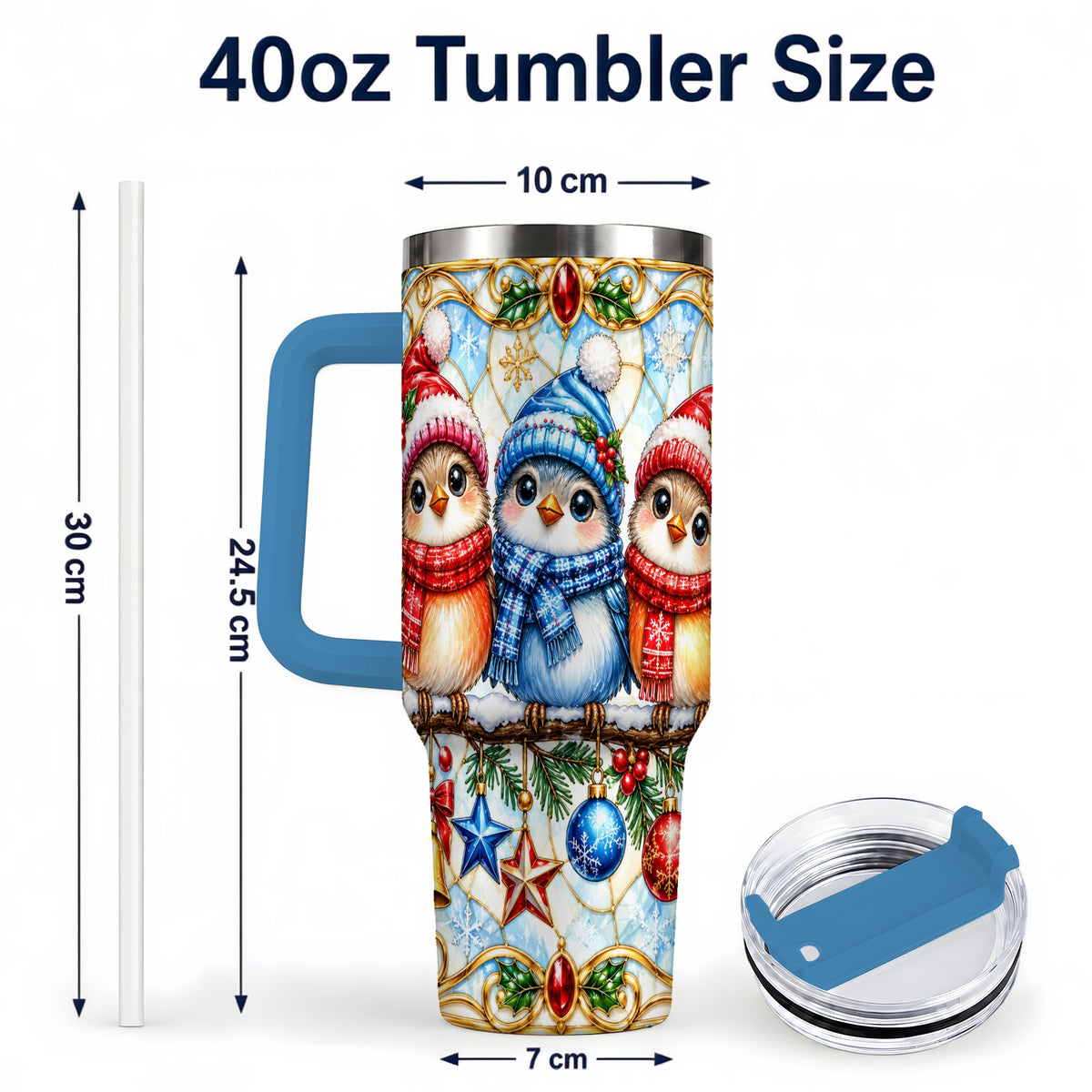 #pl[40oz|Blue] Christmas Owl 40oz Tumbler with Handle, Winter Bird Travel Cup